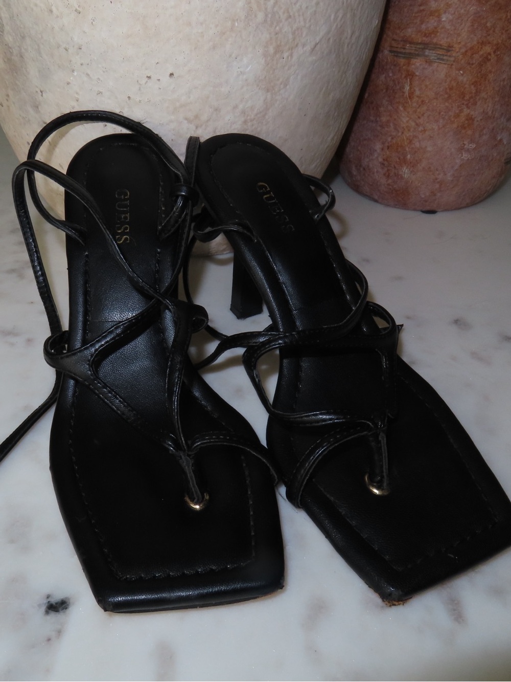 Guess Black Leather Strappy High Heels